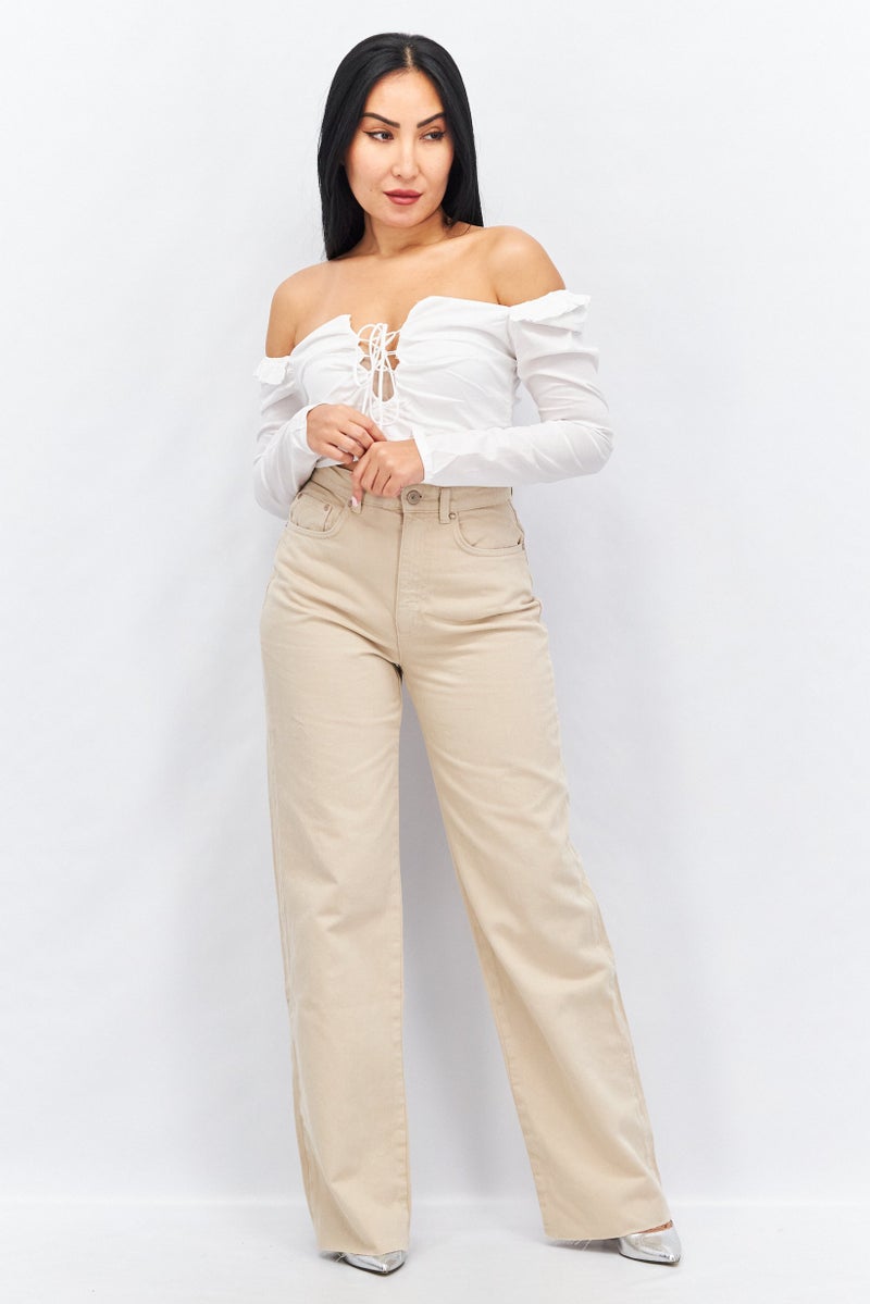 I SAW IT FIRST Women Off Shoulder Long Sleeves Solid Blouse, White - Image 2